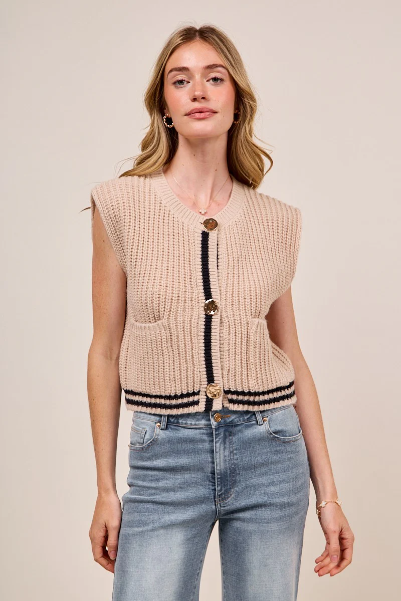 SO ME Big Metal Button Front Stripe Edge Knitted Sweater Vest - Image 2
