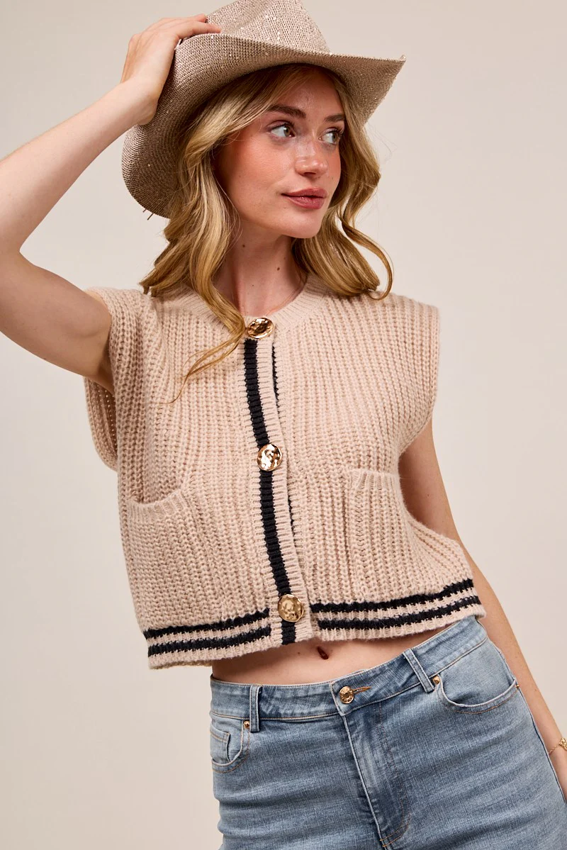 SO ME Big Metal Button Front Stripe Edge Knitted Sweater Vest - Image 5