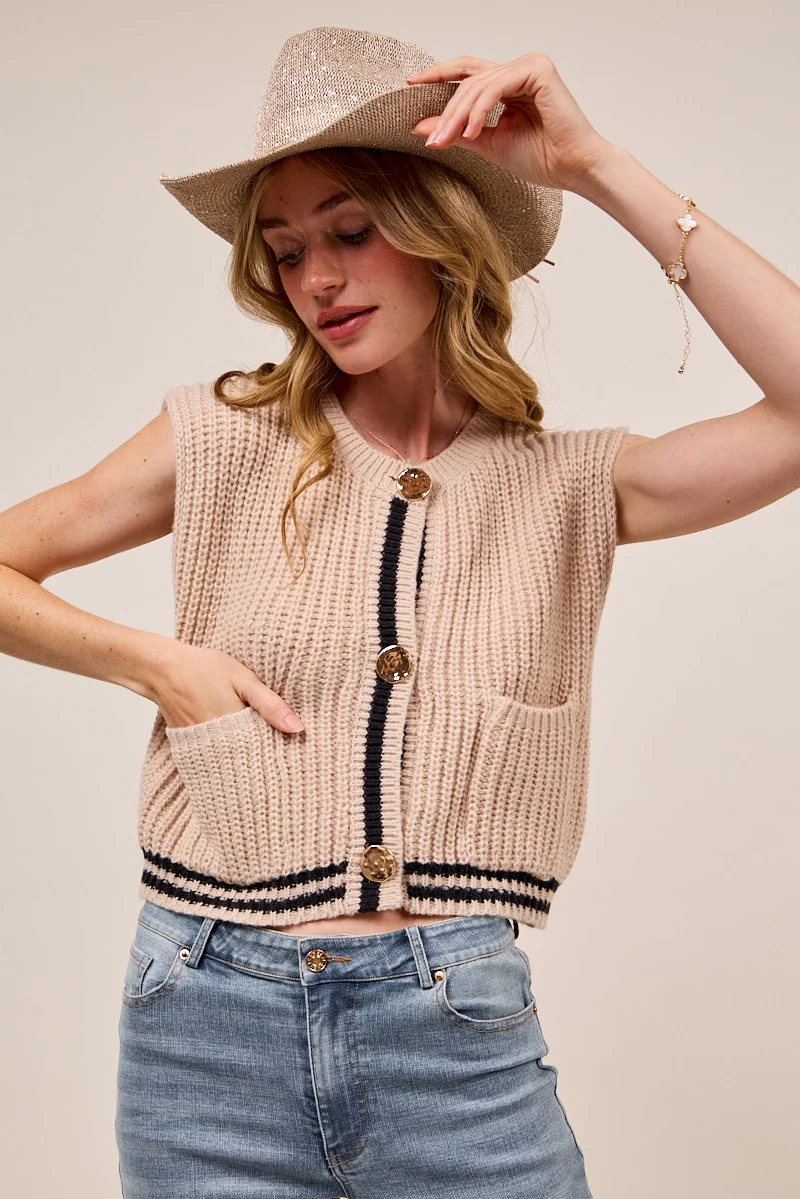 SO ME Big Metal Button Front Stripe Edge Knitted Sweater Vest - Image 6