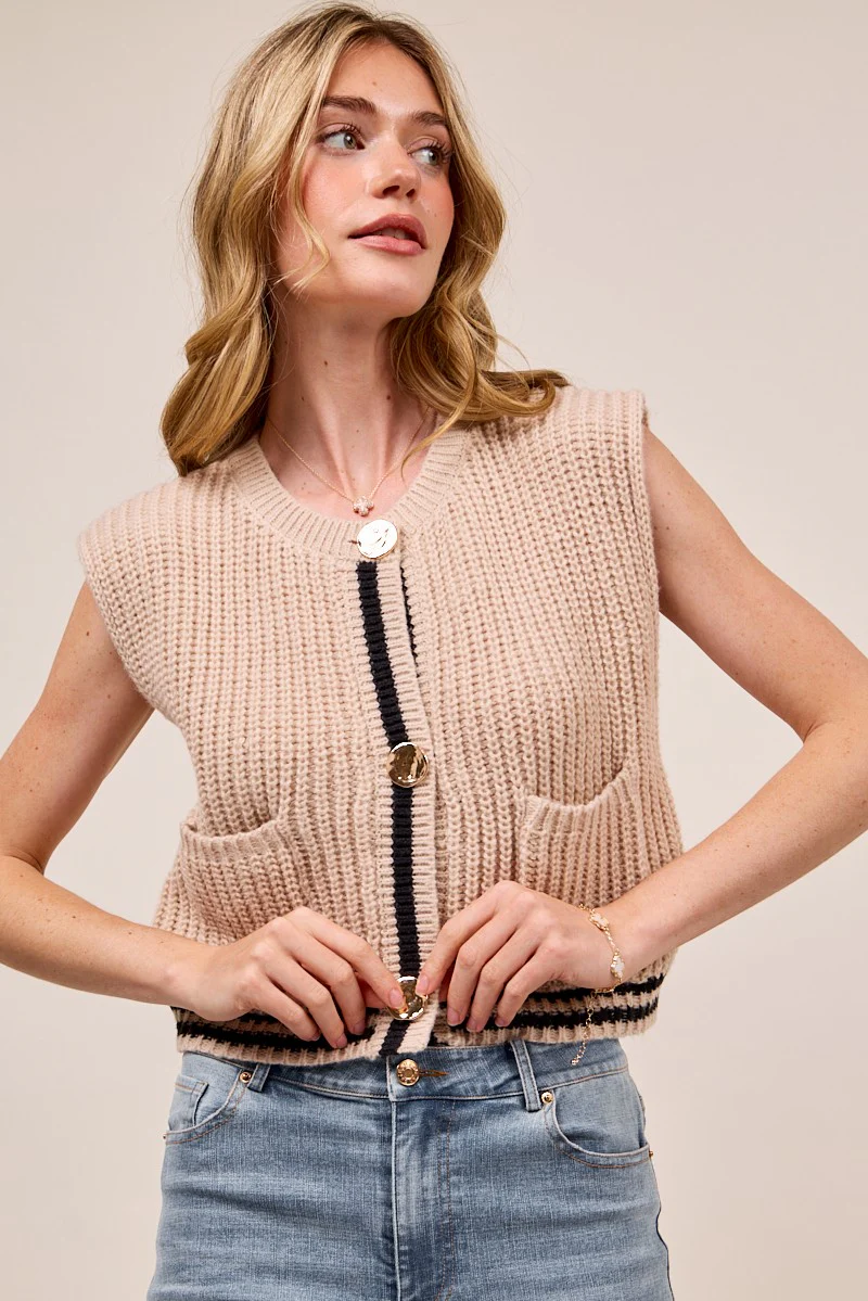 SO ME Big Metal Button Front Stripe Edge Knitted Sweater Vest - Image 7