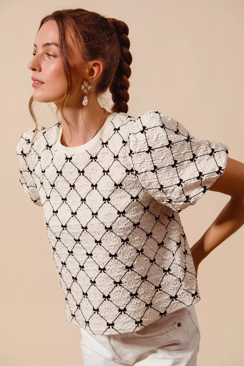 SO ME Bow Texture Woven Bubble Sleeve Top - Image 5
