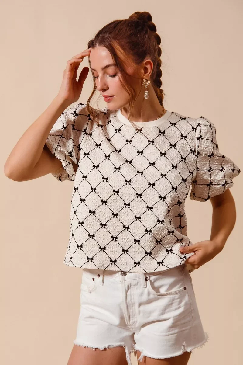 SO ME Bow Texture Woven Bubble Sleeve Top - Image 7