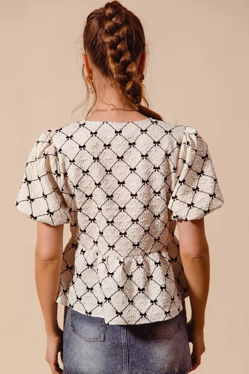 SO ME Bow Texture Woven Peplum Top With Contrast Tie - Image 3