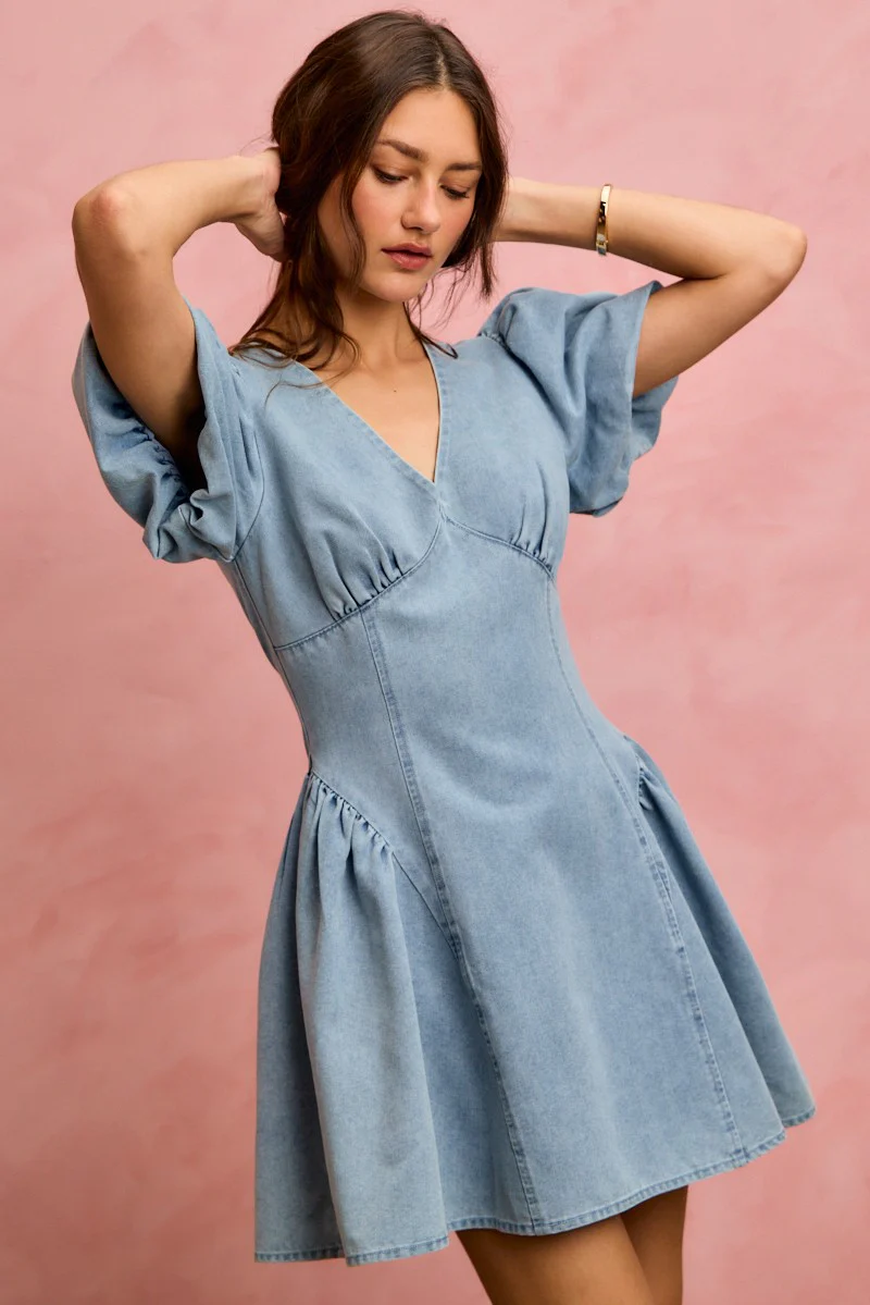 SO ME Bubble Sleeves Denim Fit And Flare Mini Dress - Image 3