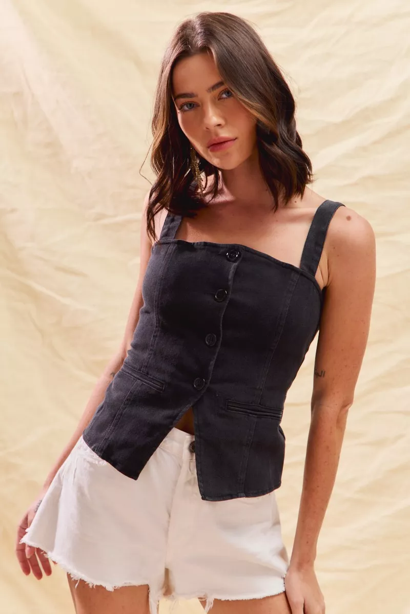 SO ME Button Down Sleeveless Game Day Fitted Denim Top - Image 10