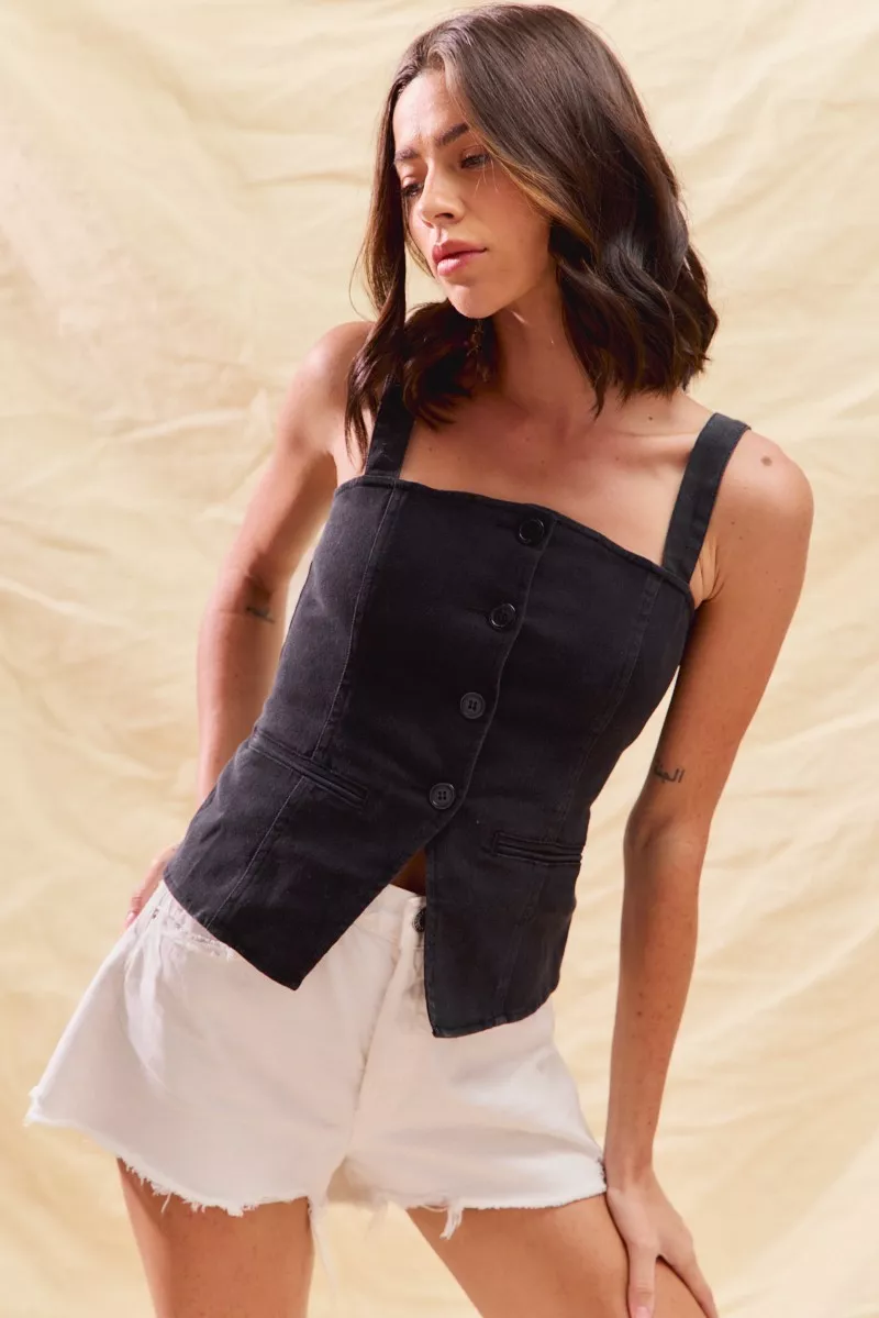SO ME Button Down Sleeveless Game Day Fitted Denim Top - Image 2