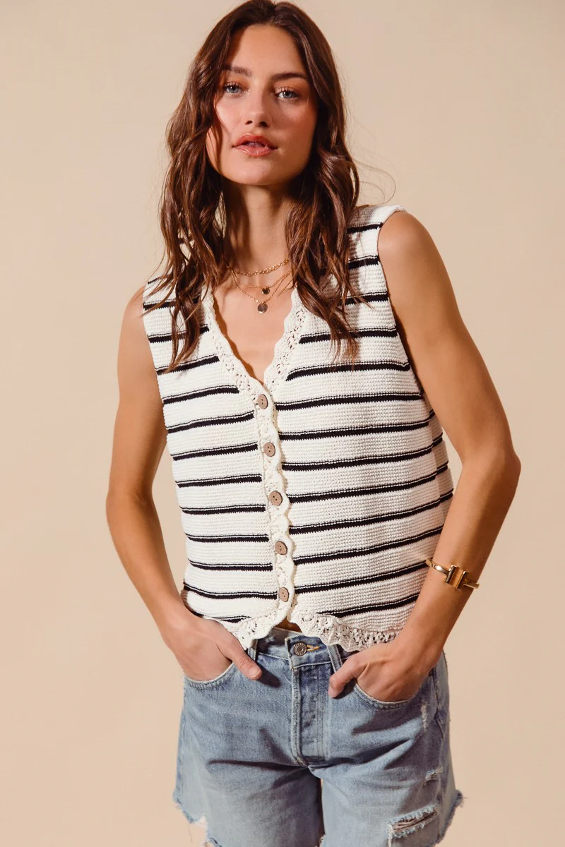 SO ME Buttoned Front Stripe Texture Knitted Sweater Vest - Image 2