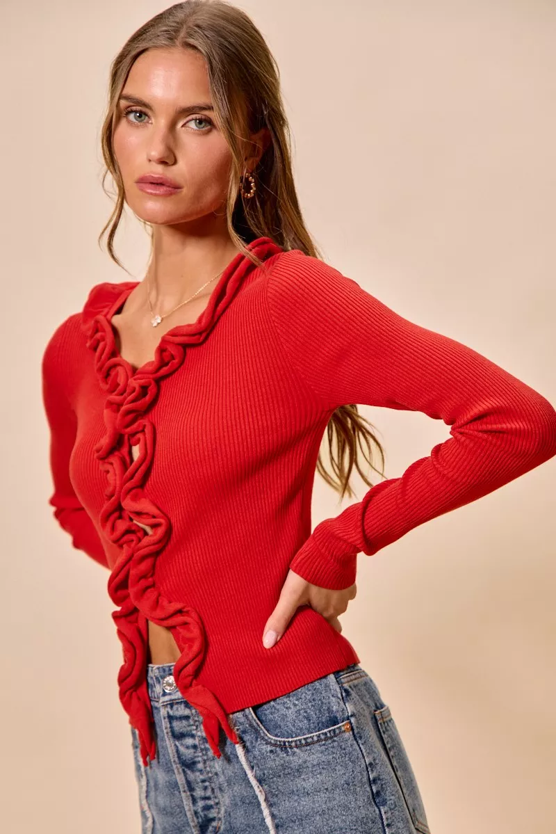 SO ME Cascade Ruffle Ribbed Sweater Cardgian - Image 4