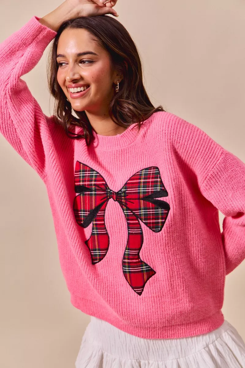 SO ME Checker Plaid Ribbon Christmas Holiday Sweater - Image 9