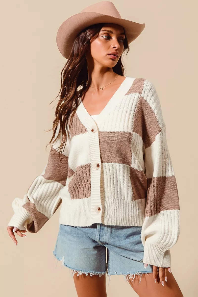 SO ME Checkered Button Front Ribbed Sweater Cardigan - Image 4