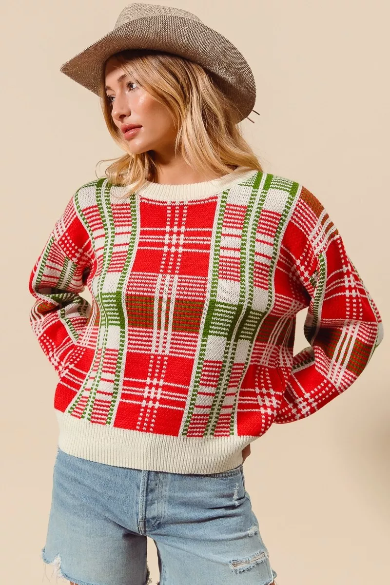 SO ME Christmas Color Checkered Plaid Crew Neck Sweater - Image 6