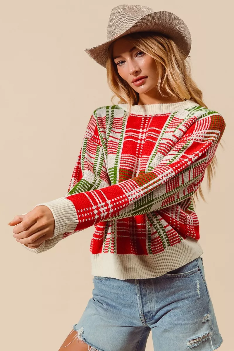 SO ME Christmas Color Checkered Plaid Crew Neck Sweater - Image 7