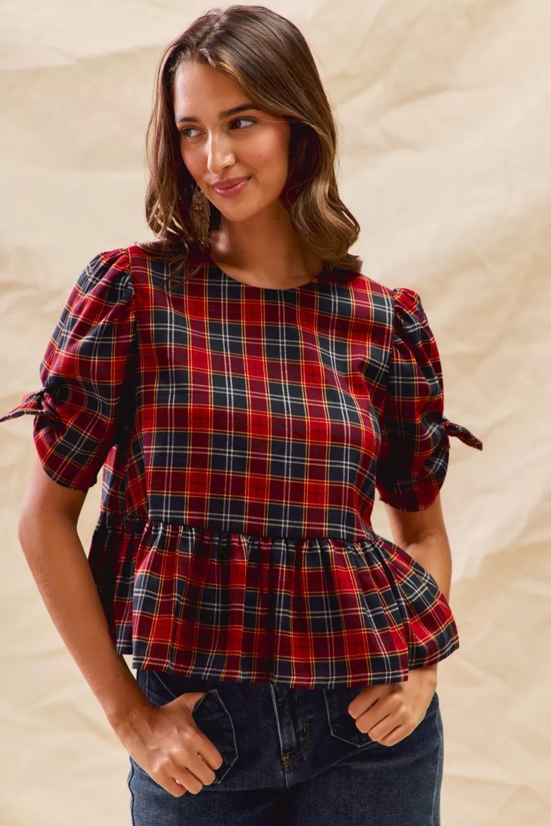 SO ME Christmas Holiday Plaid Ribbon Short Sleeves Top - Image 3