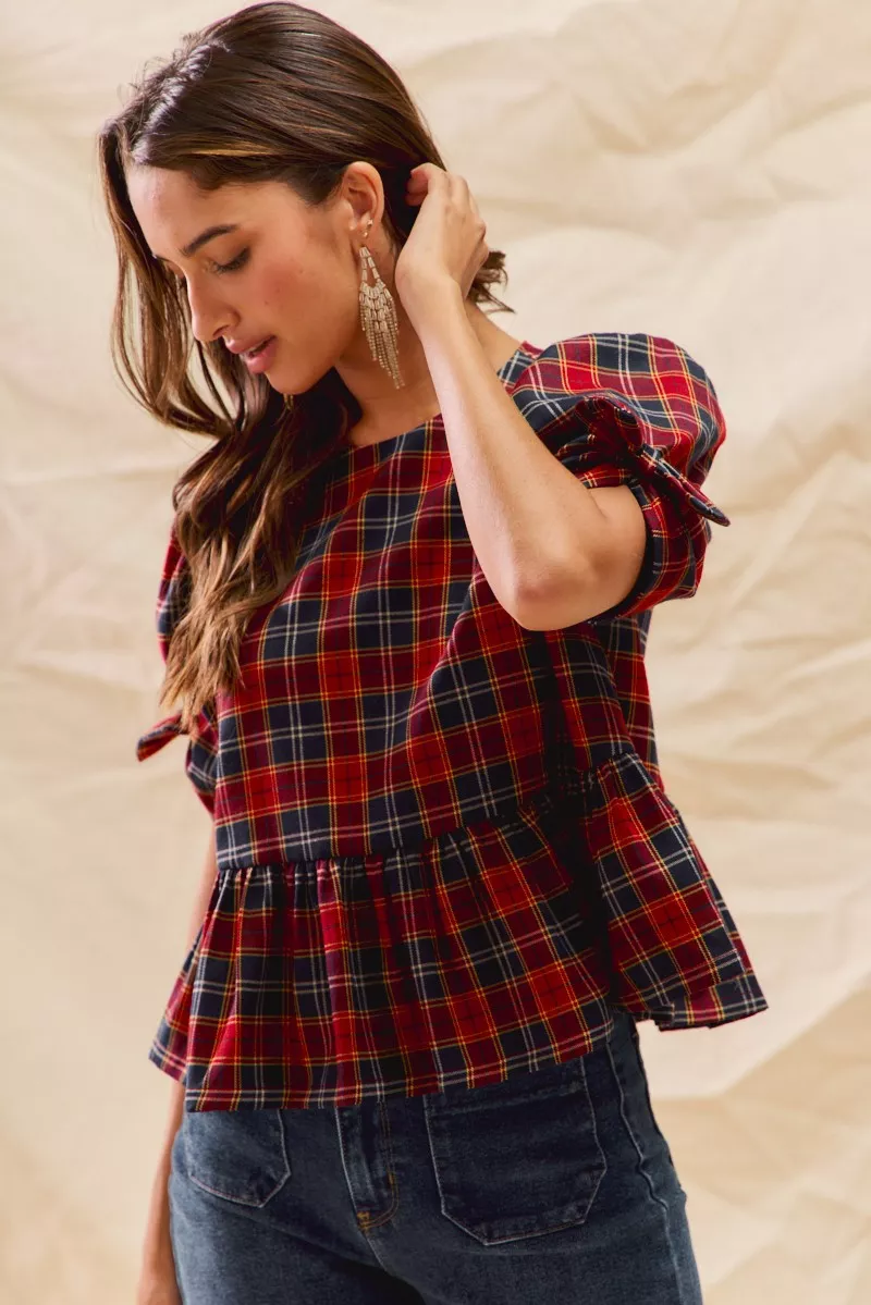 SO ME Christmas Holiday Plaid Ribbon Short Sleeves Top - Image 6