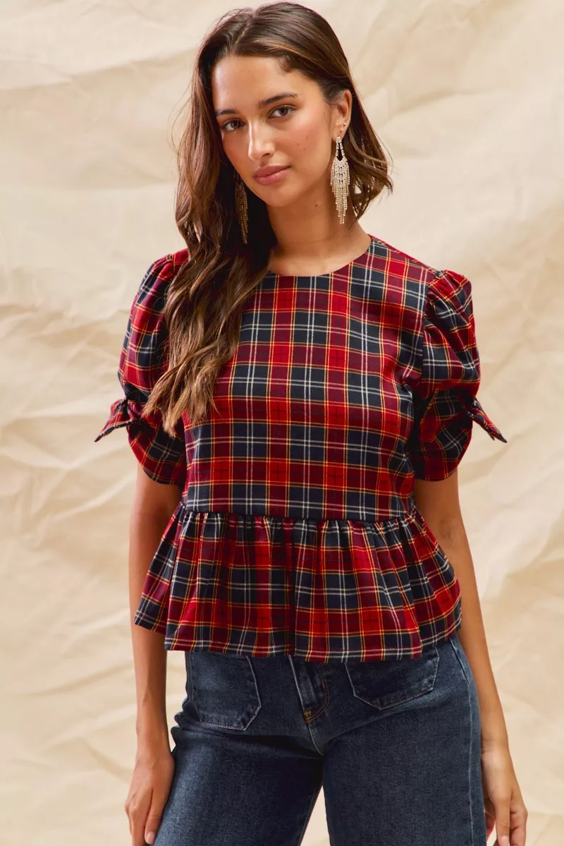 SO ME Christmas Holiday Plaid Ribbon Short Sleeves Top - Image 9