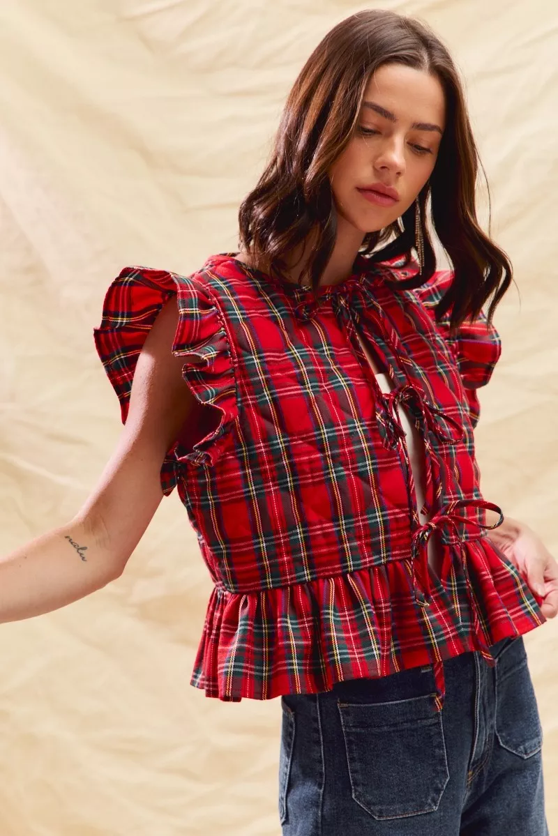 SO ME Christmas Holiday Plaid Ruffled Quilt Vest Top - Image 11