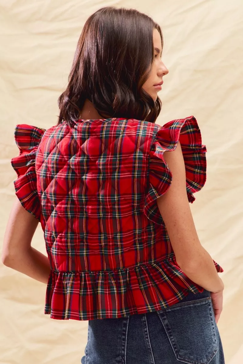 SO ME Christmas Holiday Plaid Ruffled Quilt Vest Top - Image 15