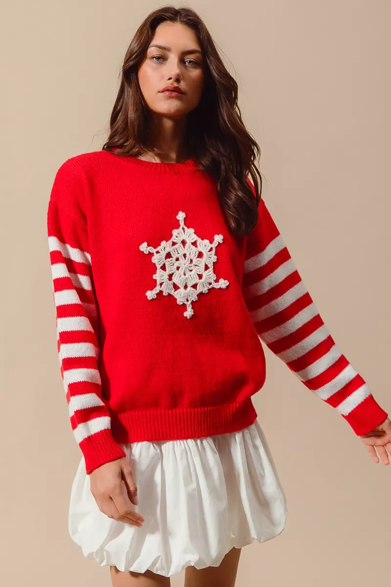 SO ME Christmas Snowflake Crochet Embellished Sweater - Image 3