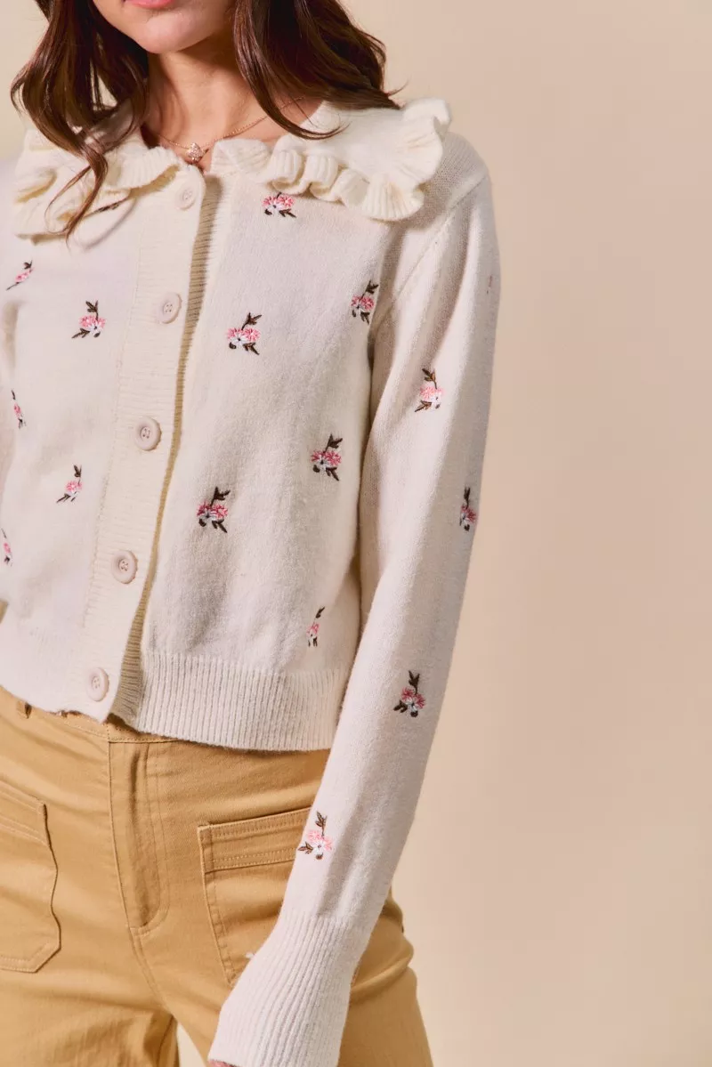 SO ME Collared Floral Embroidered Button Down Sweater Cardigan - Image 3