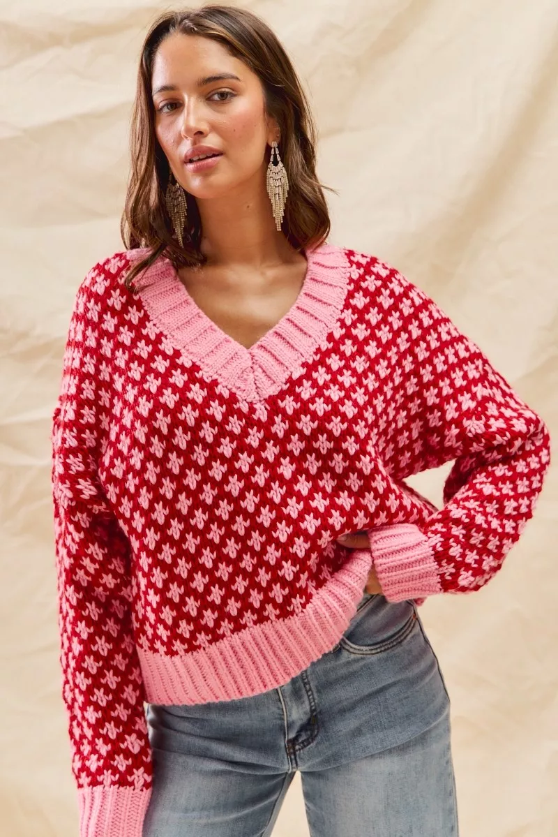 SO ME Color Block Textured Christmas Sweater V Neck Top - Image 7