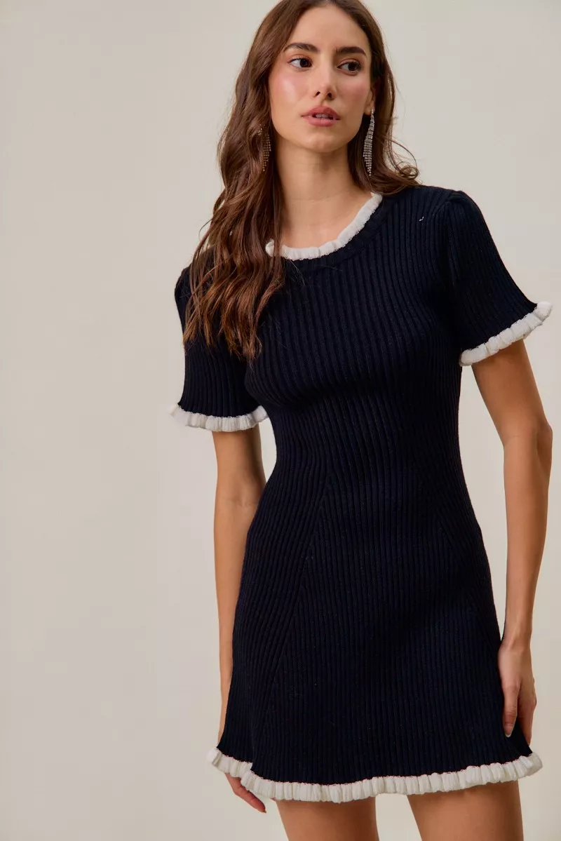 SO ME Contrast Ruffled Sweater Knit Mini Dress - Image 3