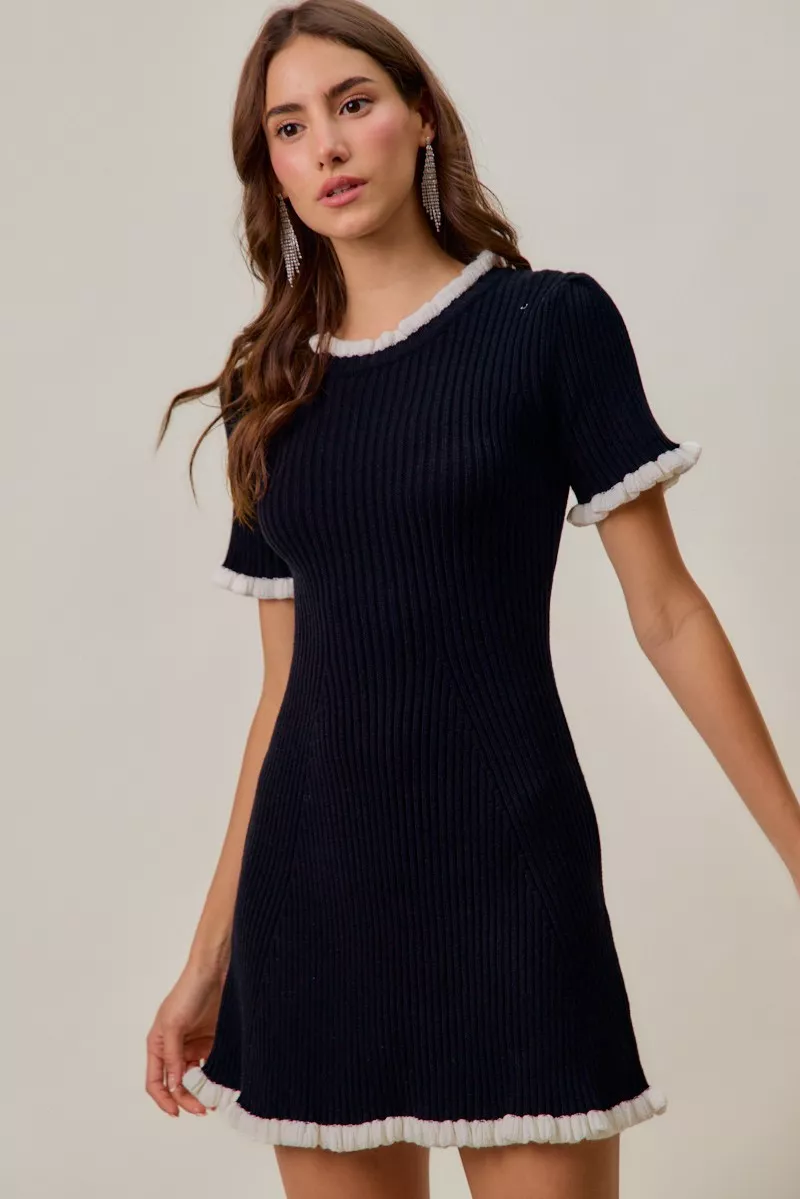 SO ME Contrast Ruffled Sweater Knit Mini Dress - Image 5