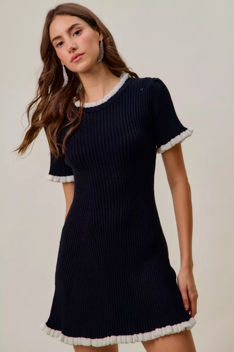 SO ME Contrast Ruffled Sweater Knit Mini Dress - Image 6