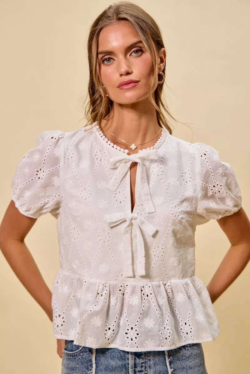 SO ME Cotton Eyelet Front Tie Short Sleeves Blouse - Image 6