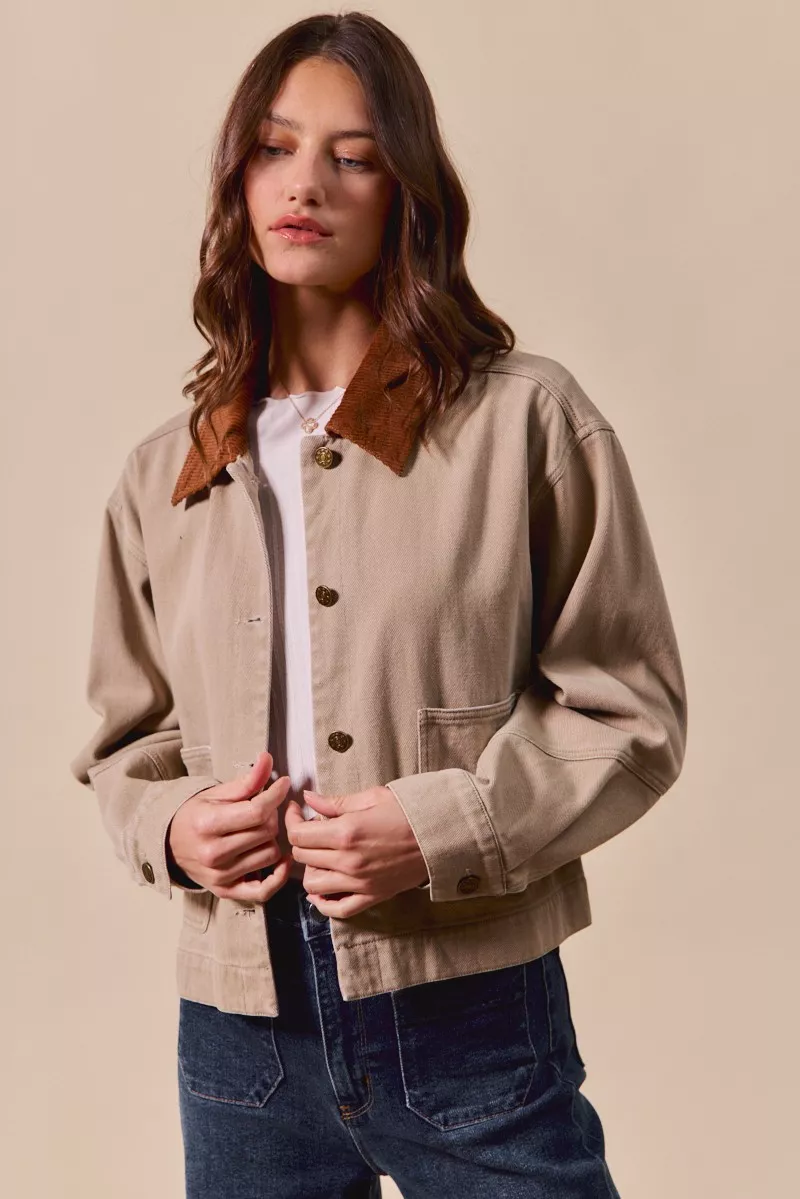 SO ME Cotton Twill Cropped Barn Jacket wtih Collar - Image 10