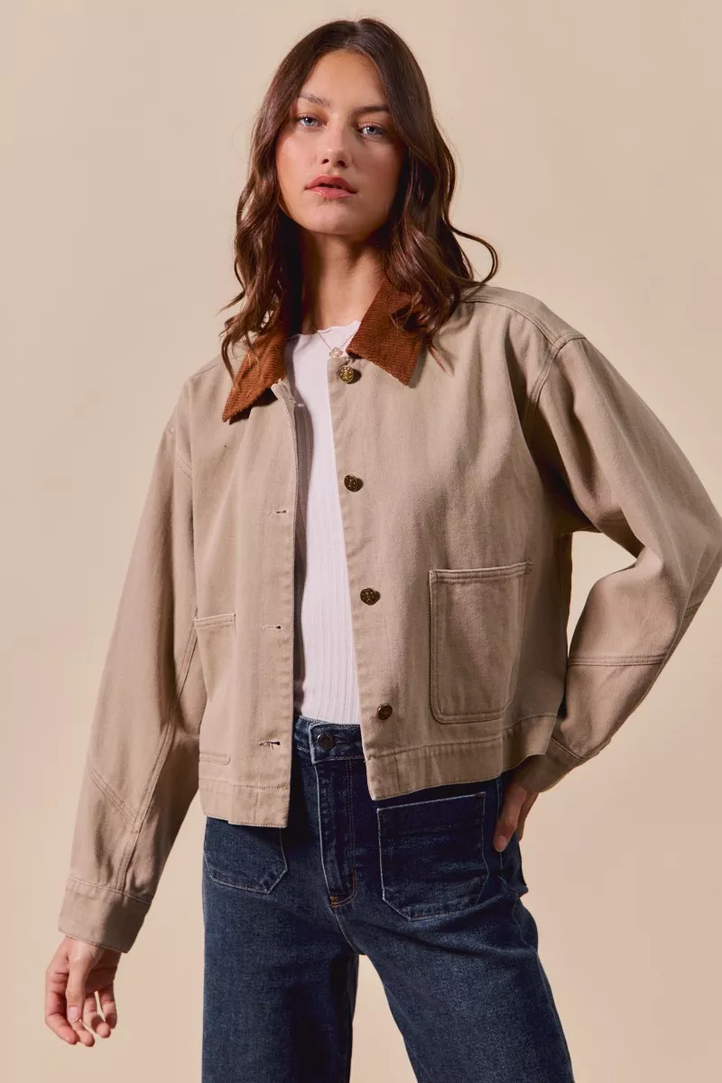 SO ME Cotton Twill Cropped Barn Jacket wtih Collar - Image 11
