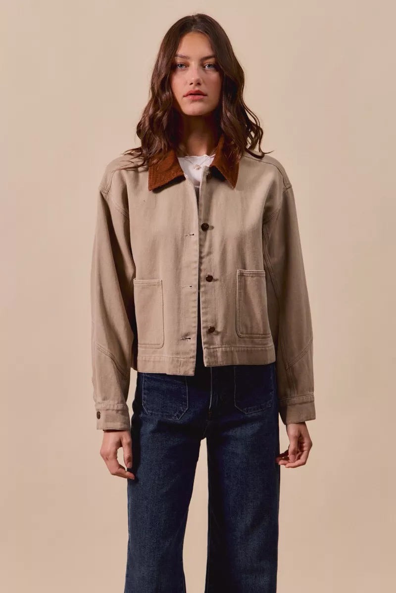SO ME Cotton Twill Cropped Barn Jacket wtih Collar - Image 13