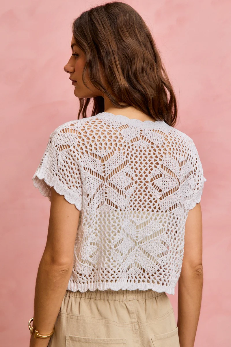 SO ME Crochet Scallop Edge Short Sleeves Knit Cover Up - Image 15