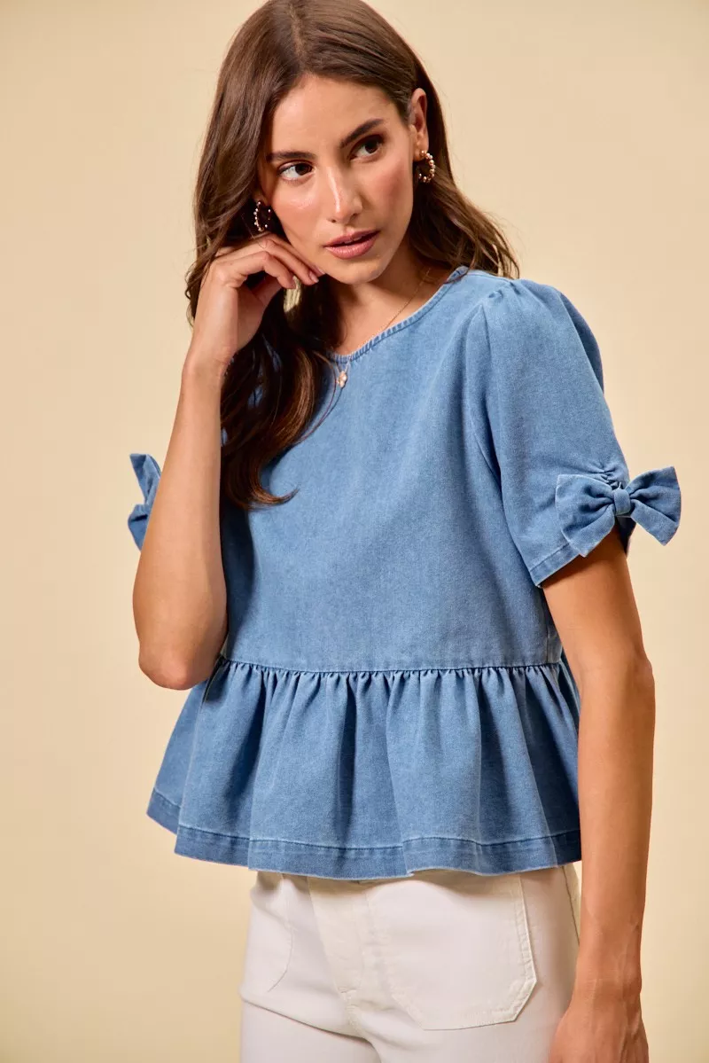 SO ME Denim Bow Detail Short Sleeves Peplum Top - Image 3