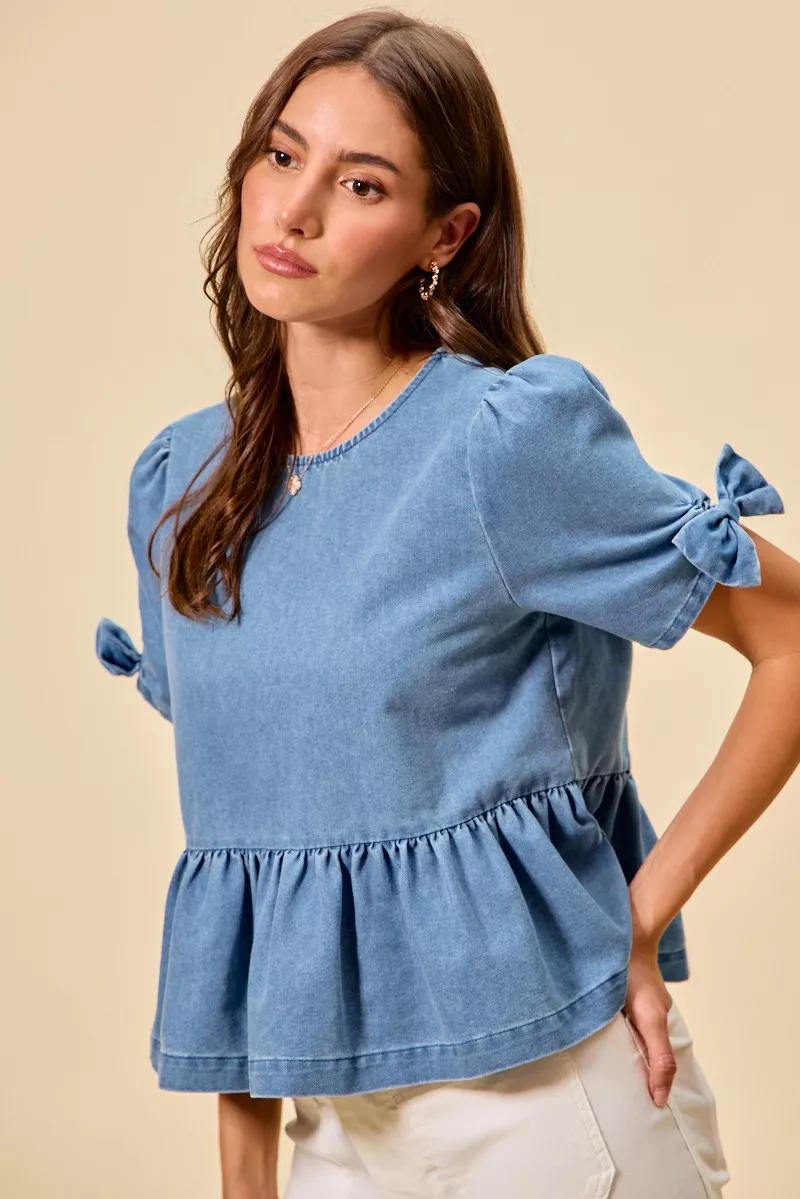 SO ME Denim Bow Detail Short Sleeves Peplum Top - Image 4