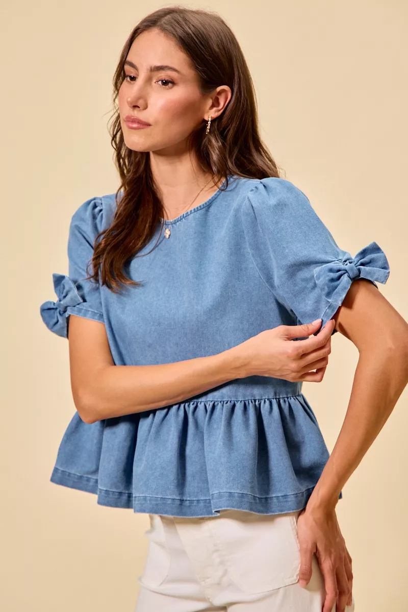 SO ME Denim Bow Detail Short Sleeves Peplum Top - Image 6
