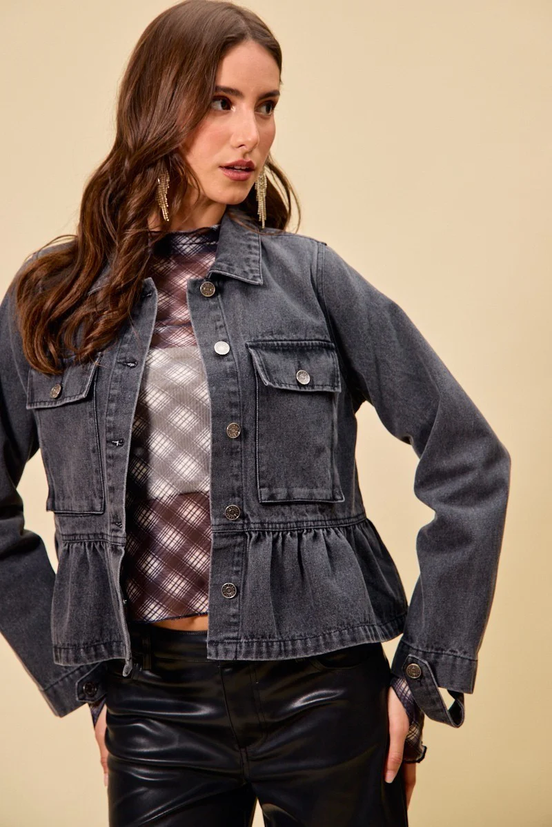 SO ME Denim Peplum Hem Front Button Jacket With Pockets - Image 4