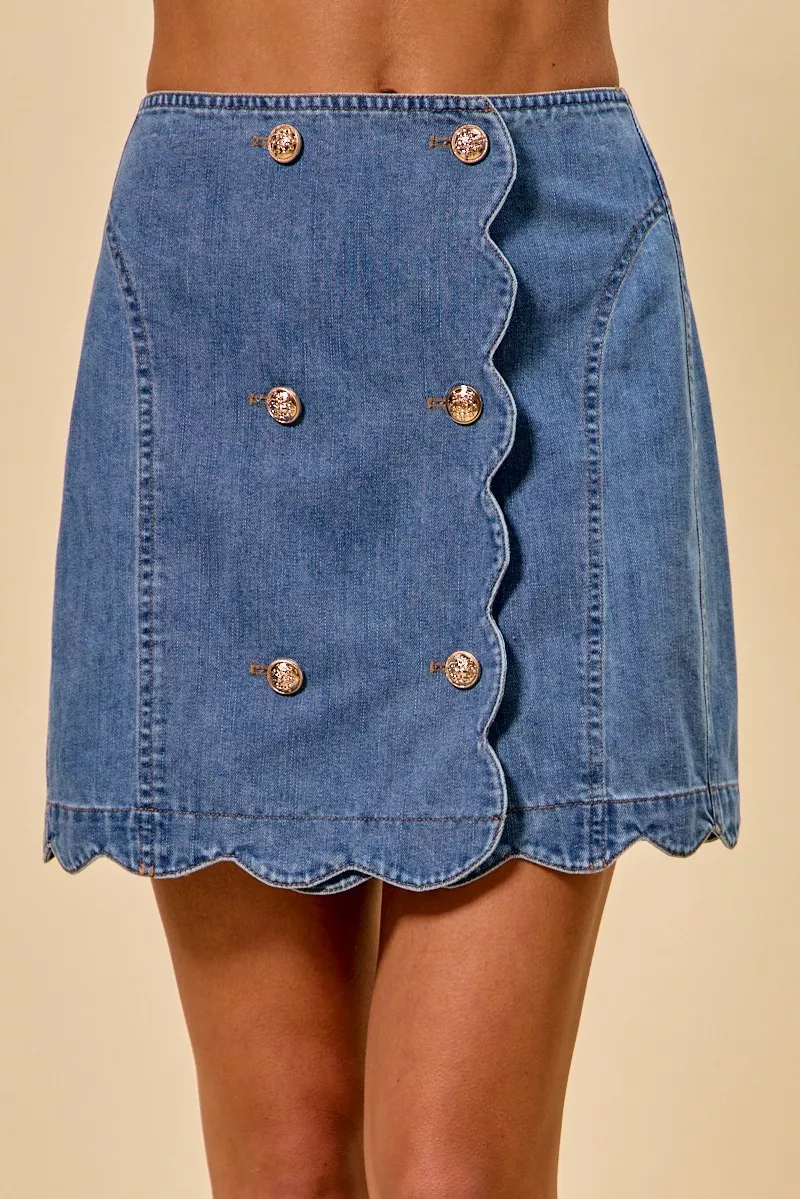 SO ME Denim Scalloped Buttoned Front Skirt
