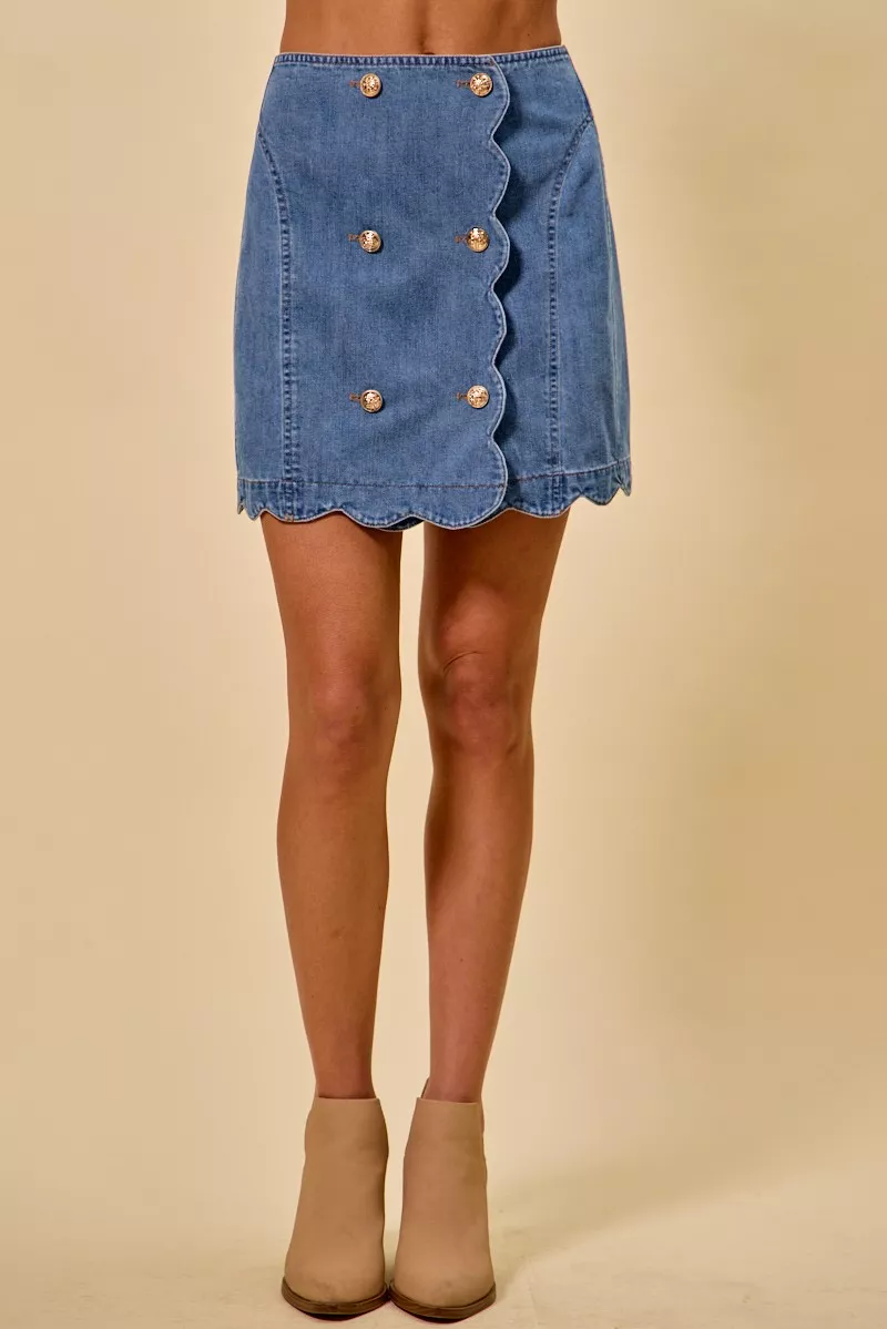 SO ME Denim Scalloped Buttoned Front Skirt - Image 2