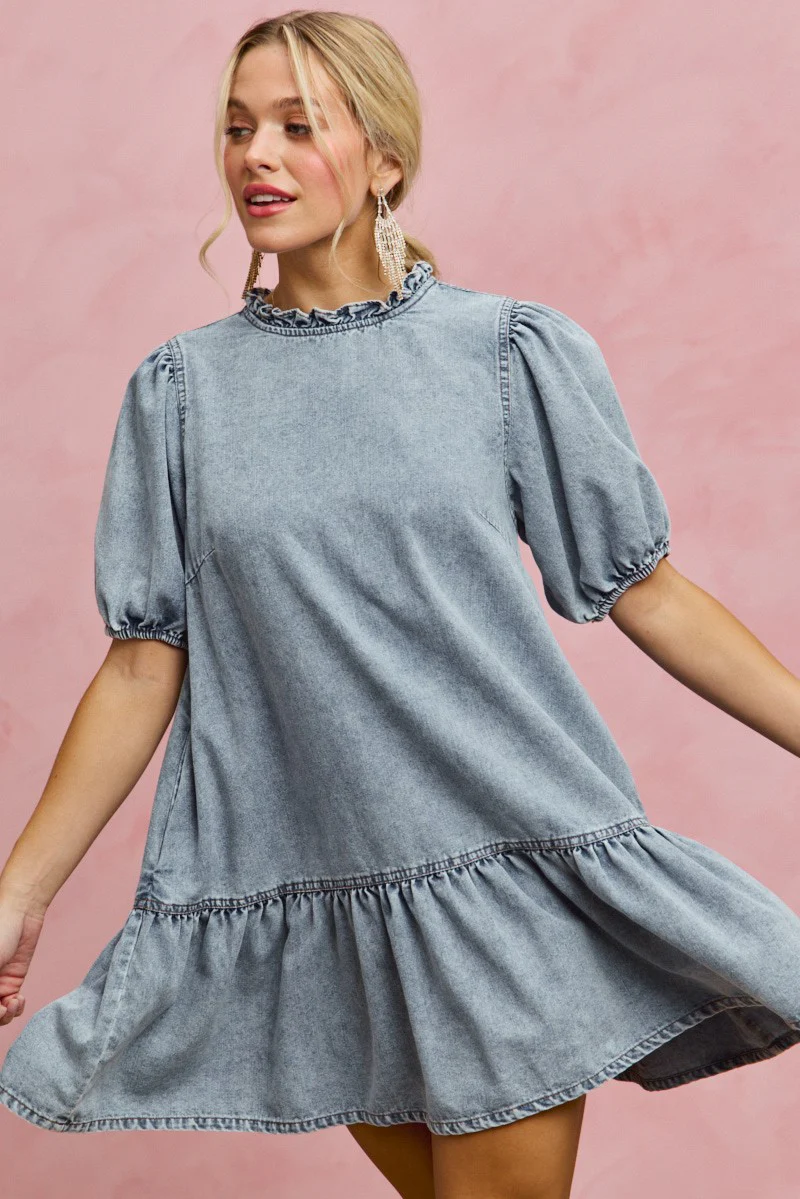 SO ME Denim Short Sleeves Mini Tiered Dress - Image 10