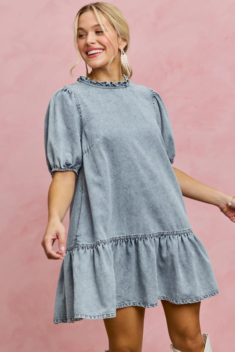 SO ME Denim Short Sleeves Mini Tiered Dress - Image 12