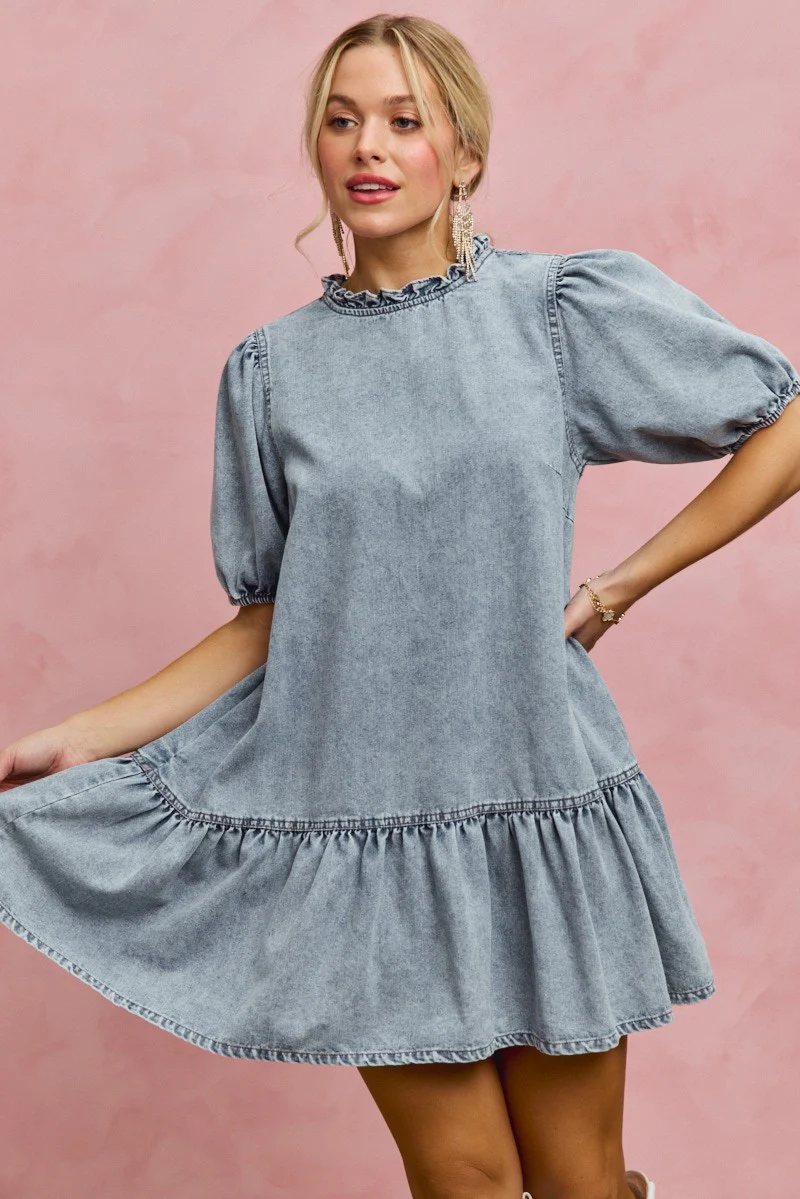 SO ME Denim Short Sleeves Mini Tiered Dress - Image 14