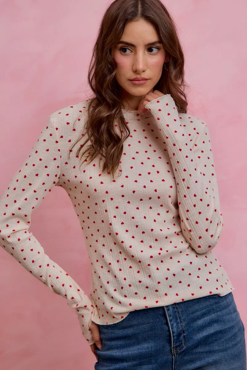 SO ME Ditsy Heart All Over Slub Rib Knit Valentine Top - Image 4