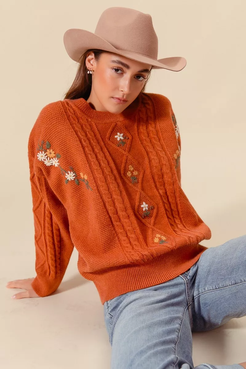 SO ME Embroidered Flower Cable Knitted Sweater - Image 2