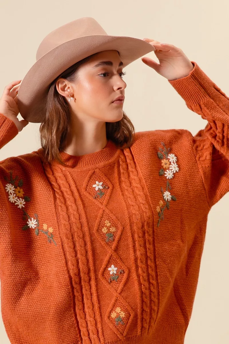 SO ME Embroidered Flower Cable Knitted Sweater - Image 5