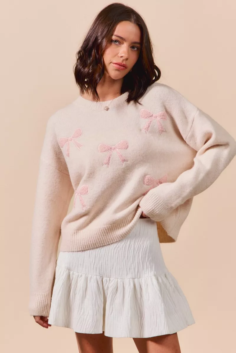 SO ME Embroidered Ribbon Round Neck Sweater - Image 12