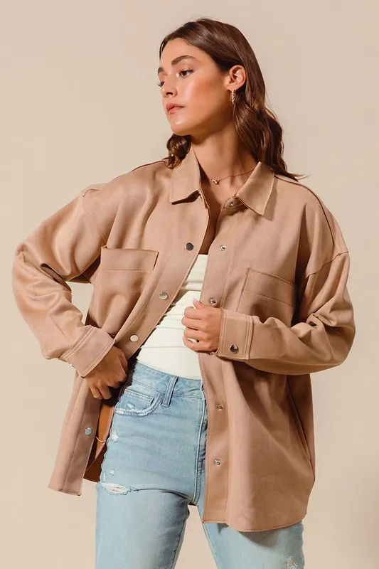 SO ME Faux Sued Snap Shacket with Collar and Pockets - Image 3