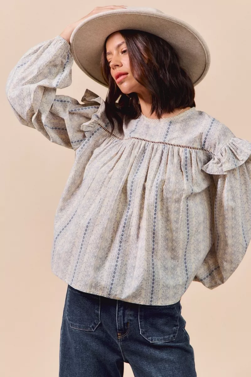 SO ME Floral Cotton Print Ruffled Long Sleeve Blouse - Image 10