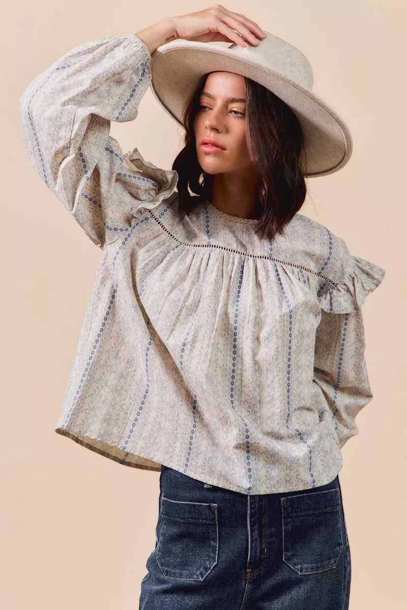 SO ME Floral Cotton Print Ruffled Long Sleeve Blouse - Image 11