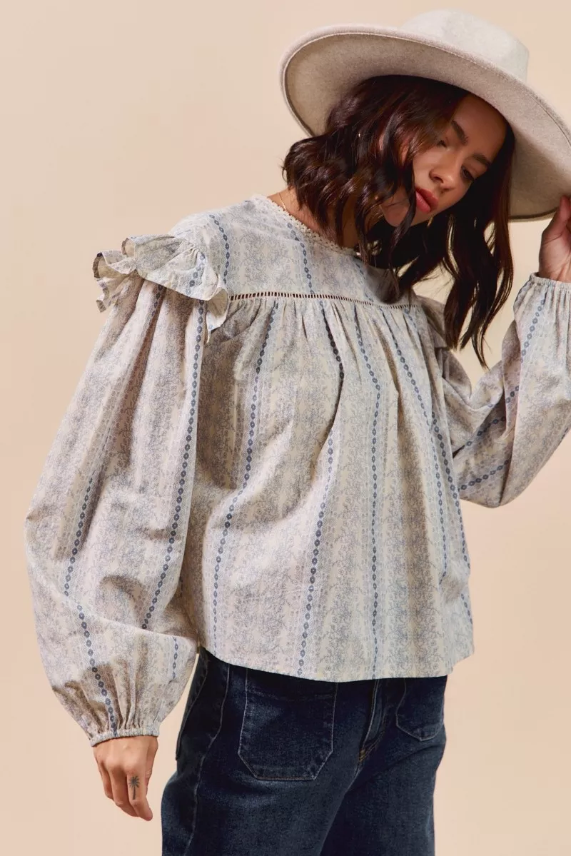 SO ME Floral Cotton Print Ruffled Long Sleeve Blouse - Image 14