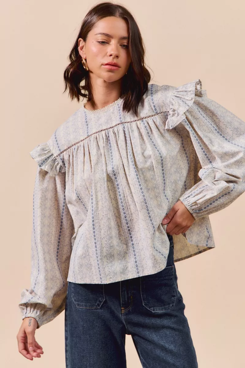SO ME Floral Cotton Print Ruffled Long Sleeve Blouse - Image 6